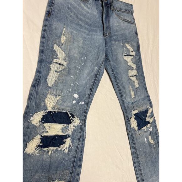 First Row Denim Knee Destroyed Slim Flare Jeans Men’s 32x33 Distressed Repaired - Picture 4 of 14